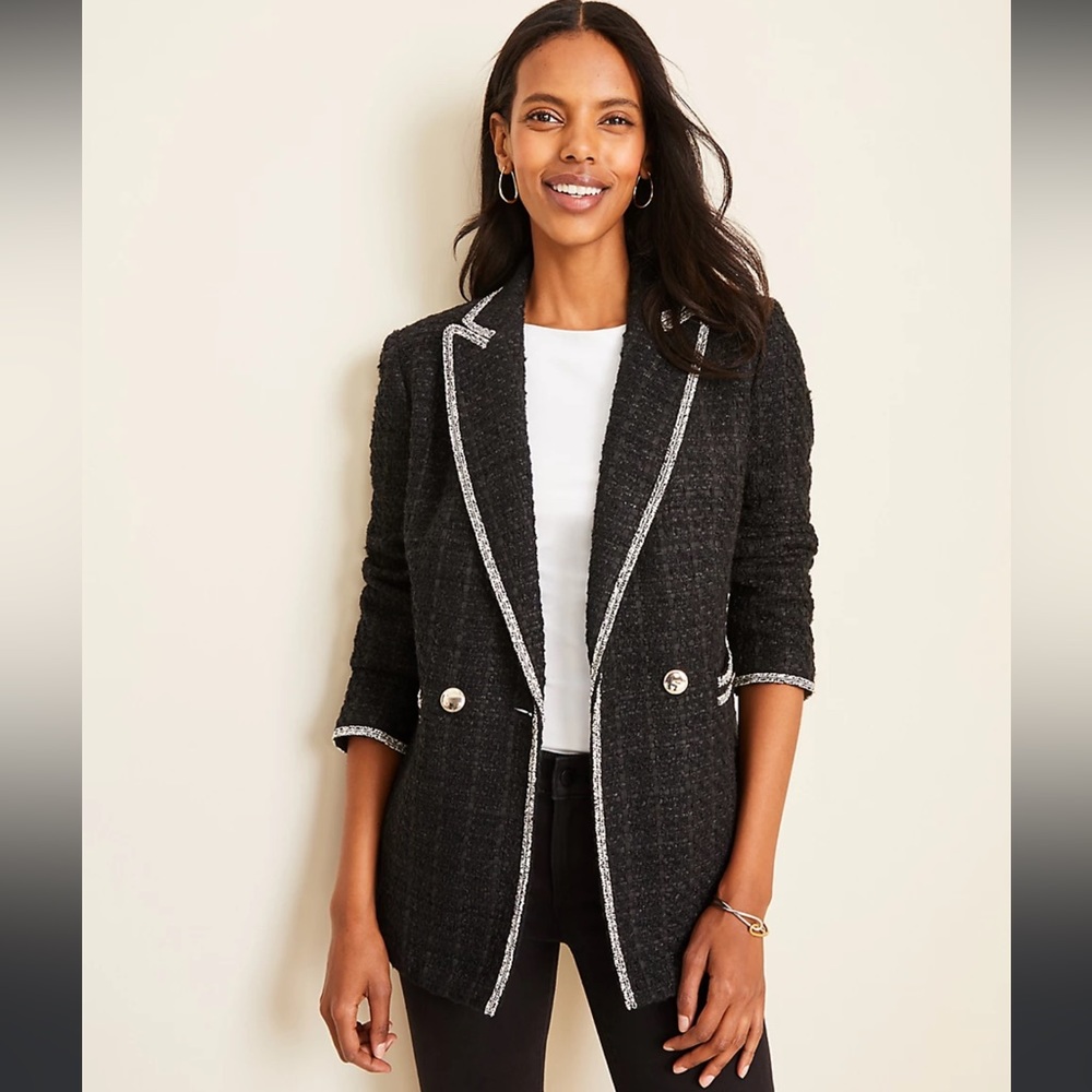 Ann Taylor Black tweed boucle pocket jacket XS 2 4